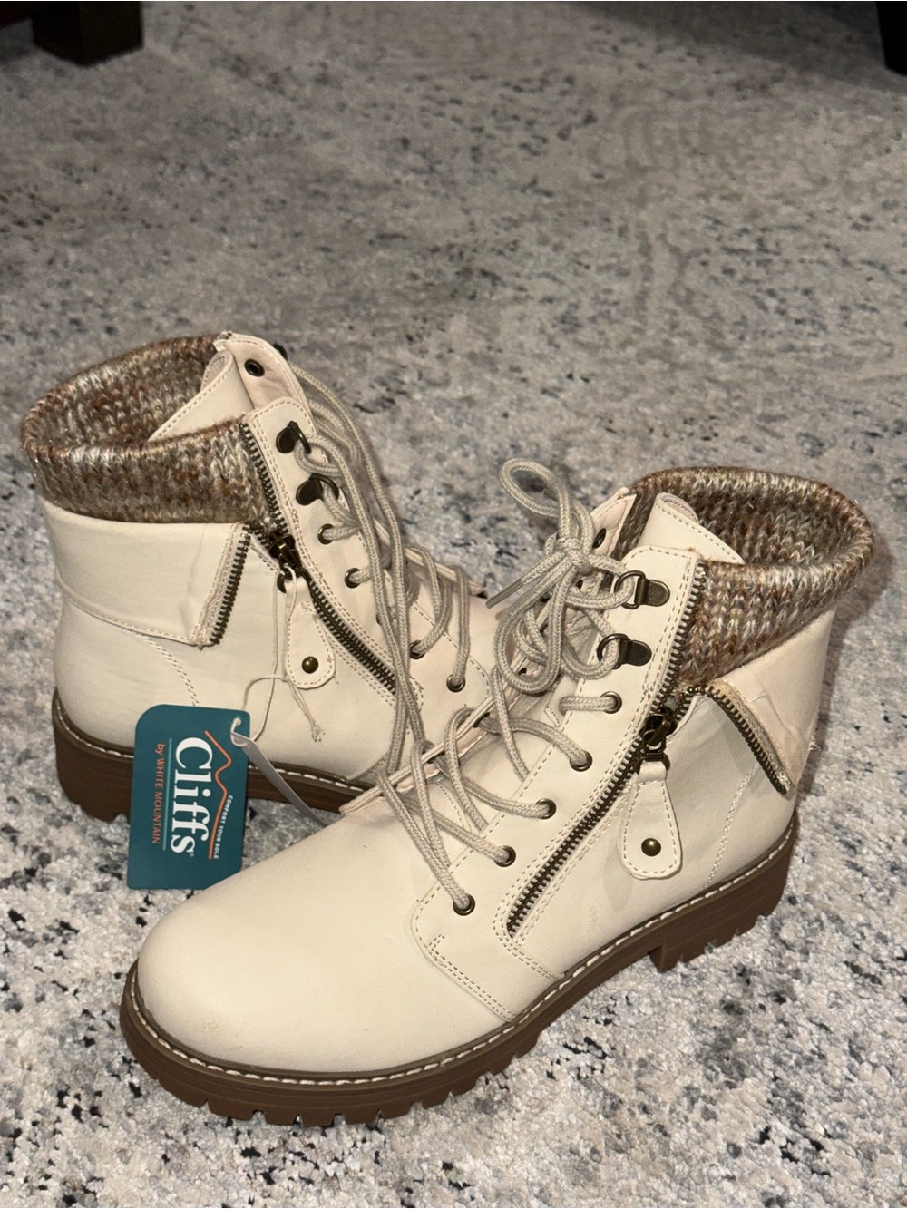 Cliffs by WHITE MOUNTAIN Cream Lace-Up Knit Collar Combat Boots